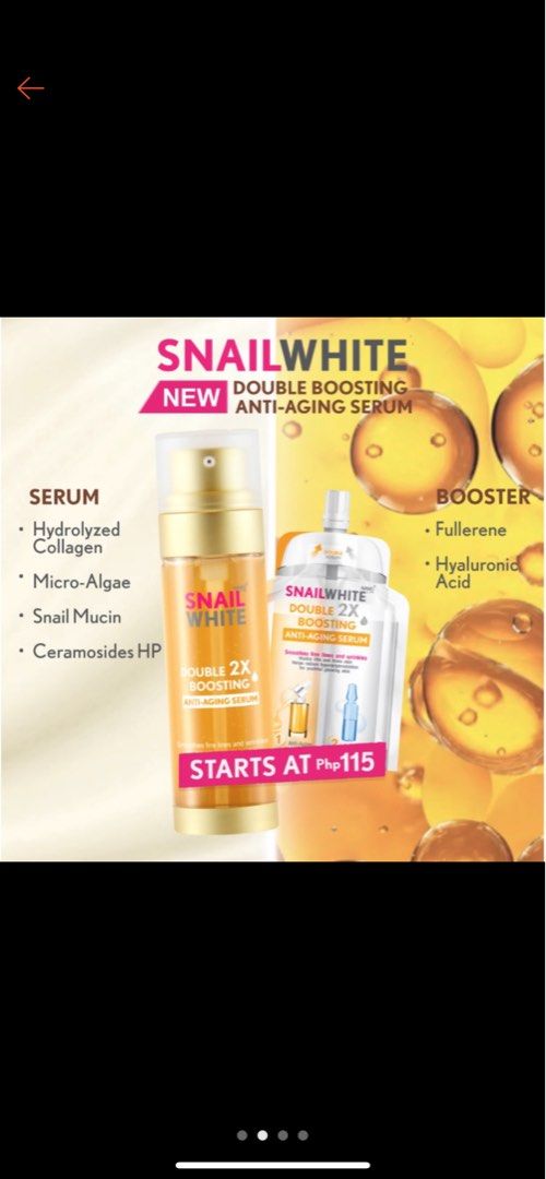 SNAILWHITE anti aging serum 40+40ml (Category: Face Care) located in Quezon City. Submitted by sssaamy (Listing ID 1211551186, Image 2). Description: 1pc available 2025 expiry.