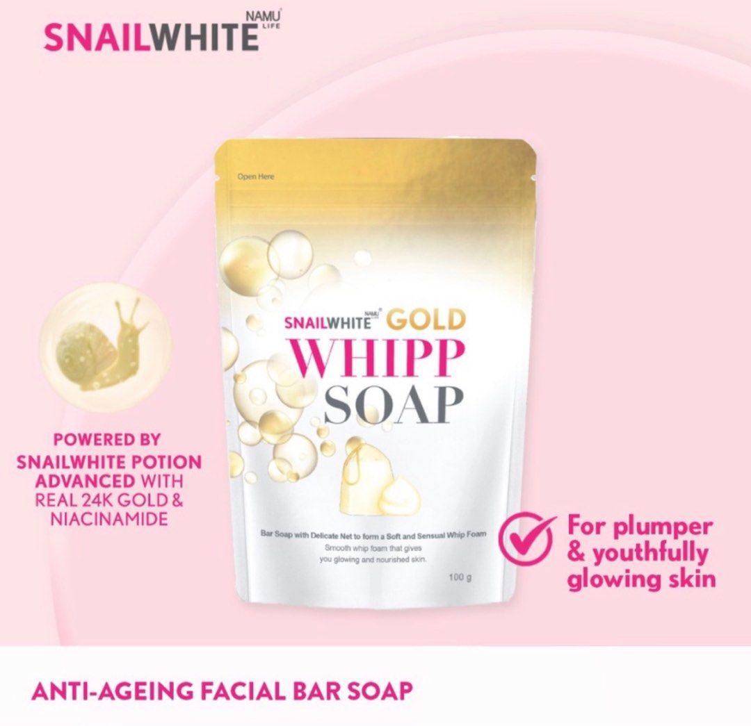 SNAILWHITE Whipp Soap Gold 100g (Category: Body Care) located in Quezon City. Submitted by sssaamy (Listing ID 1211550645, Image 1). Description: Orig price is 345 1 stock available CLAIM TO FAME: A gentle bar soap that deeply cleanses and hydrates skin for a youthfully healthy glow. PERFECT FOR: For skin that’s fresh, plump, and youthfully glowing. ABOUT THE PRODUCT: Your cult favourite Whipp Soap now re-imagined to address the signs of aging an