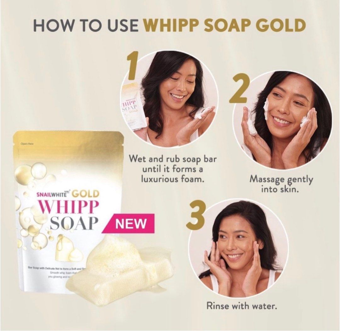SNAILWHITE Whipp Soap Gold 100g (Category: Body Care) located in Quezon City. Submitted by sssaamy (Listing ID 1211550645, Image 2). Description: Orig price is 345 1 stock available CLAIM TO FAME: A gentle bar soap that deeply cleanses and hydrates skin for a youthfully healthy glow. PERFECT FOR: For skin that’s fresh, plump, and youthfully glowing. ABOUT THE PRODUCT: Your cult favourite Whipp Soap now re-imagined to address the signs of aging an
