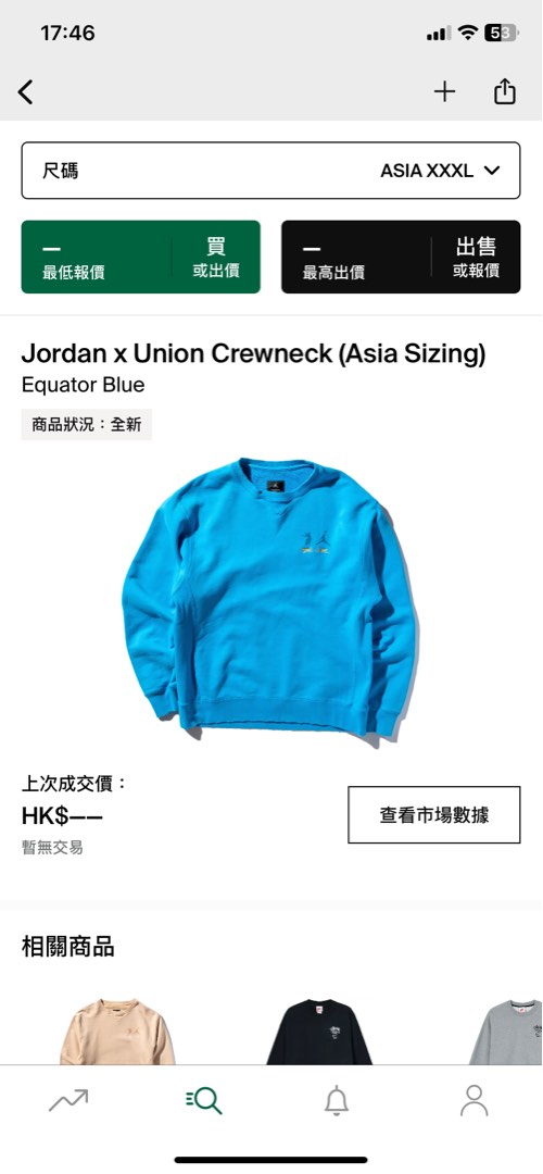 XXXL] Jordan x Union 圓領長袖Crewneck (Asia Sizing), 男裝, 上身及