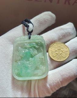 🐉 45mm Well carved icy translucent green jadeite dragon ruyi bat coin motif double sided pendant pendant Type A Burma jade🐉