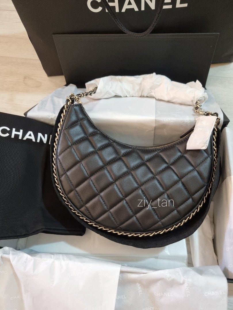 BNIB Chanel 23P Hobo Bag Loop / Moon Bag in Black Light Gold Hardware Small  Size *Local SG Set* 23s