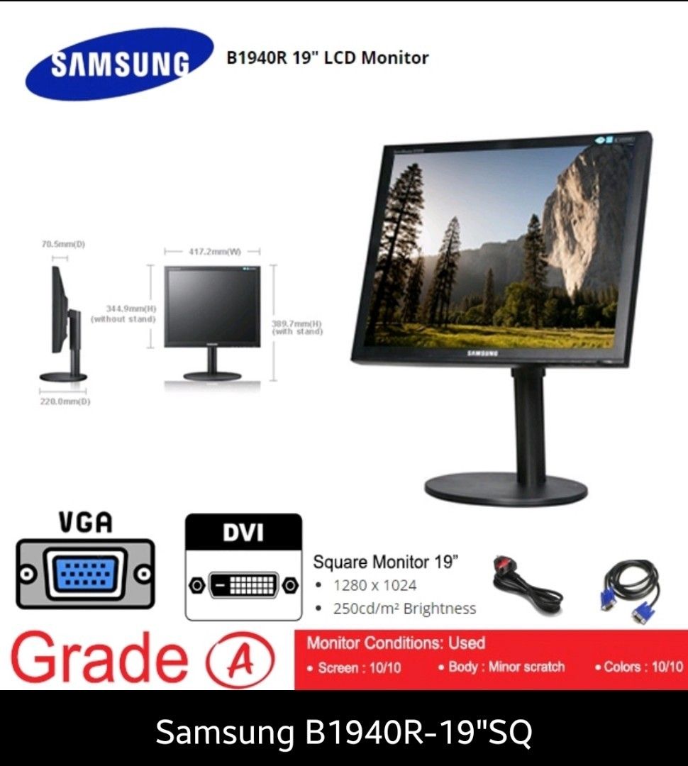 (Can Rotate) Samsung Monitor 19" Inch Square VGA/DVI, Computers & Tech