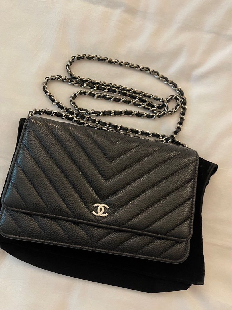 Authentic CHANEL WOC in black chevron SHW, Luxury, Bags & Wallets on  Carousell
