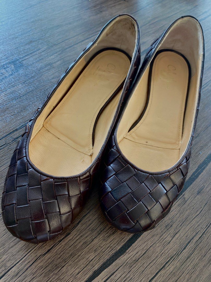 COLE HAAN (23.5cm) Chocolate Brown Leather Basket Weave Ballet Flats