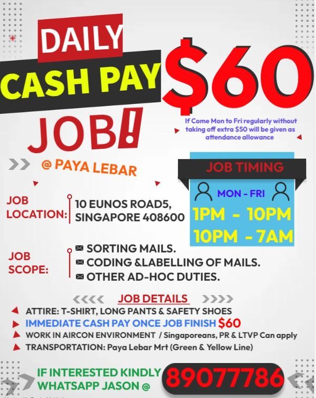 DAILY CASH PAID JOB / CASH PAY JOB PAYA LEBAR, Jobs, Warehouse