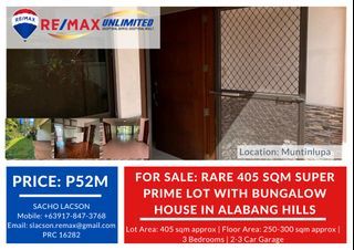 FOR SALE: Rare 405 sqm Super Prime Lot with Bungalow House in Alabang Hills