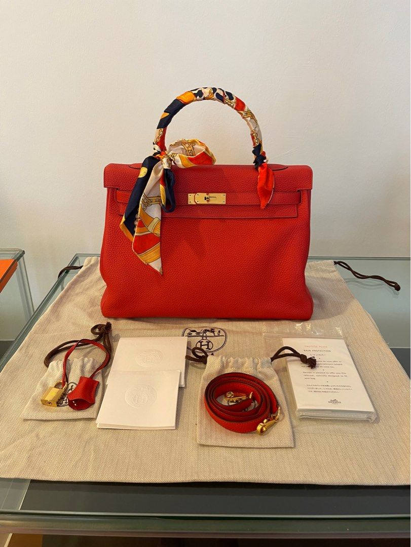 Hermes GHW Kelly 32 Shoulder Handbag Clemence Leather Rouge Tomate Red
