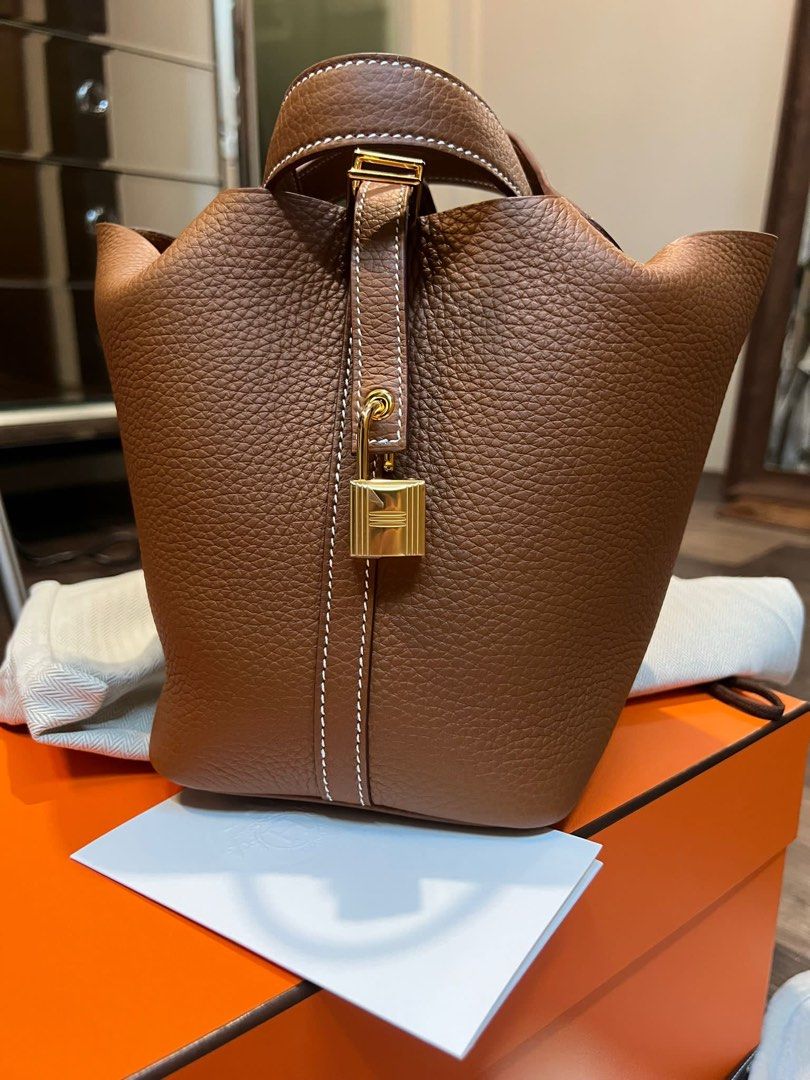 Hermes Gold Brown Nata Picotin Lock 18 PM Hardware Handbag Bag