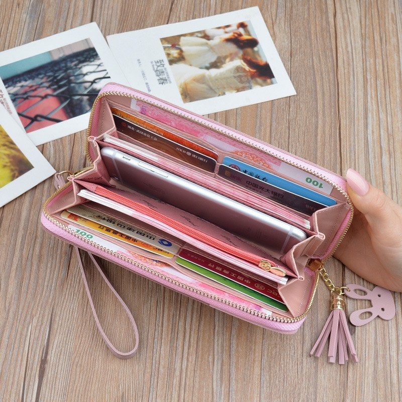 Korean women s purse long zipper tassel splicing handbag large capacity Student Wallet mobile bag