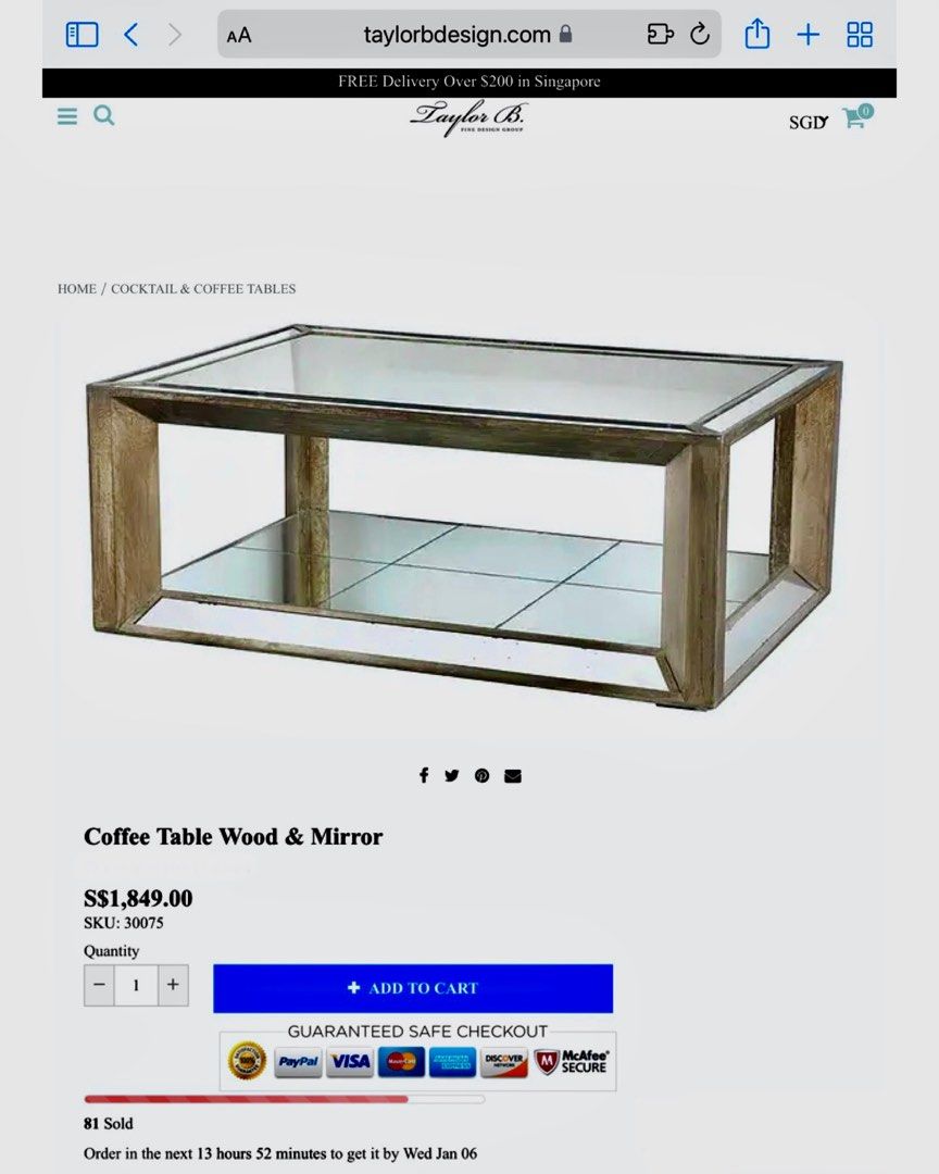 Taylor B Mirrored coffee table in antique DISTRESSED finish, Furniture