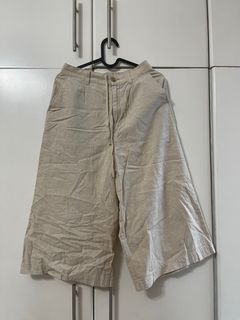 UNIQLO beige linen cotton wide cropped pants