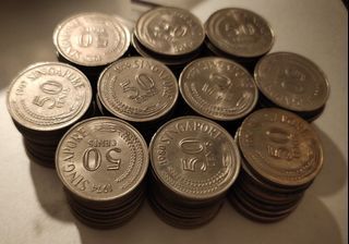 Vintage Singapore first series 50-cent coins