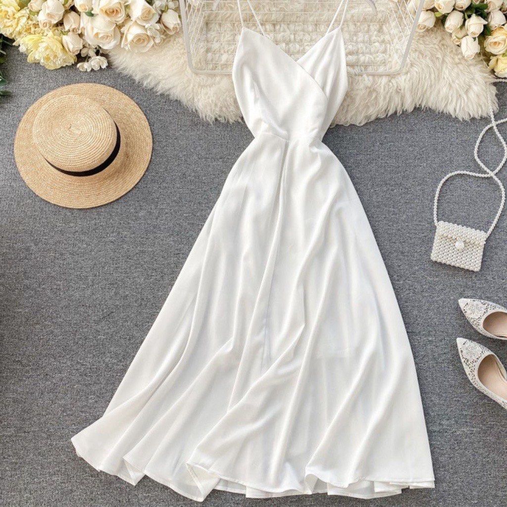 White Dress Ribbon Beach dress flowy dress, Women's Fashion