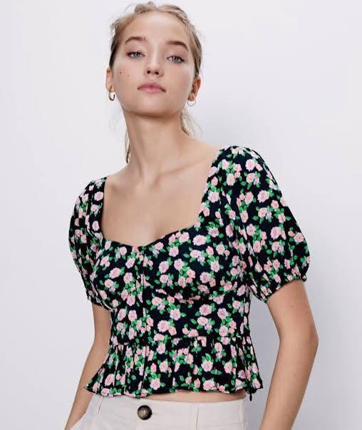 Zara floral puff sleeve top, Women's Fashion, Tops, Blouses on Carousell