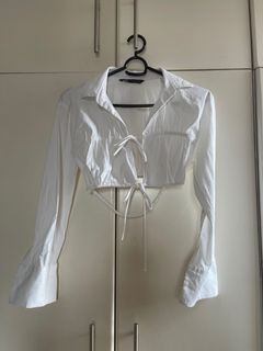 Zara Women's Cropped White Blouse (Ribbon)