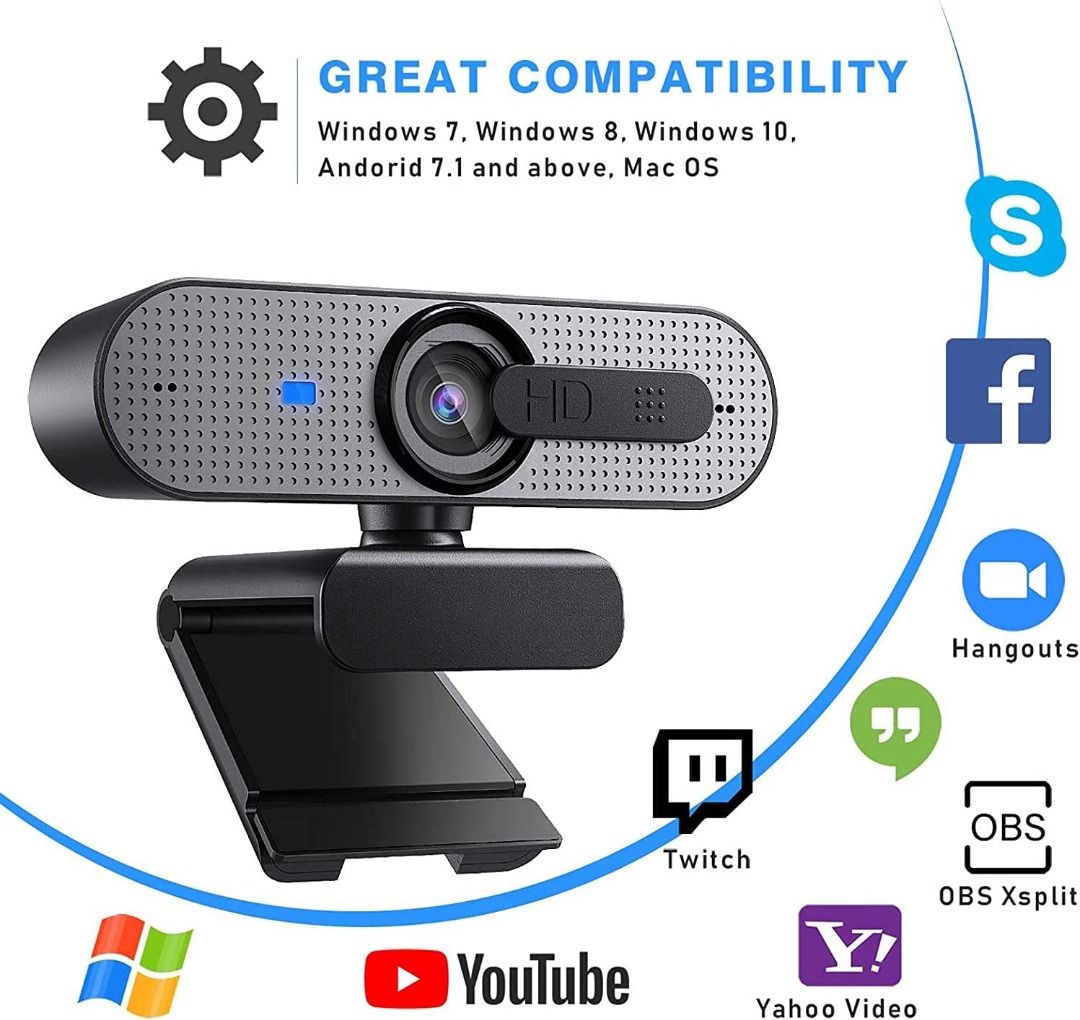 1328) JELLY COMB USB Computer cam with Tripod Set 1080P cam with Auto Focus, Cover and