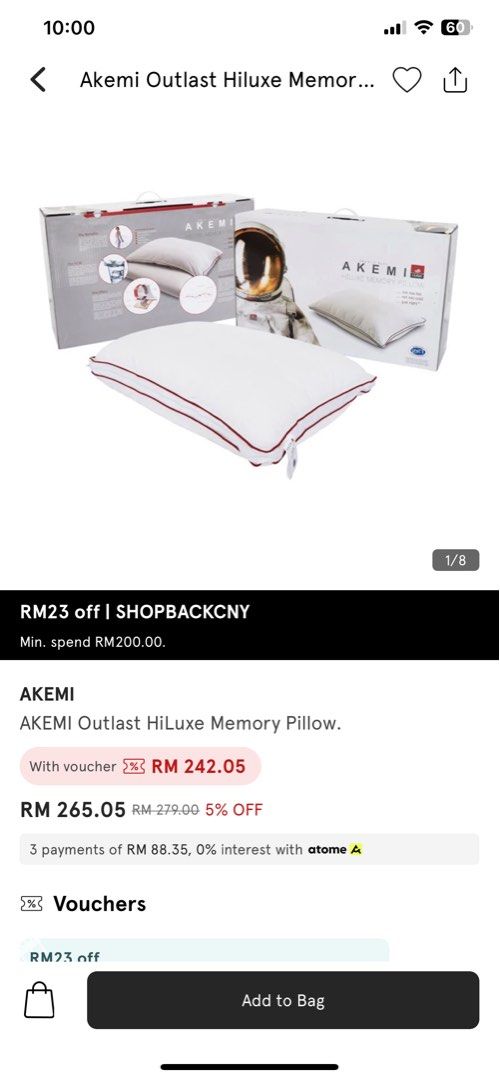 AKEMI Outlast HILuxe Memory Pillow, Furniture & Home Living, Bedding