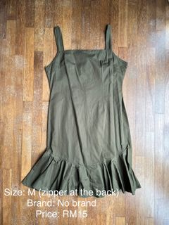 Army Green Dress with Pleats Ruffles