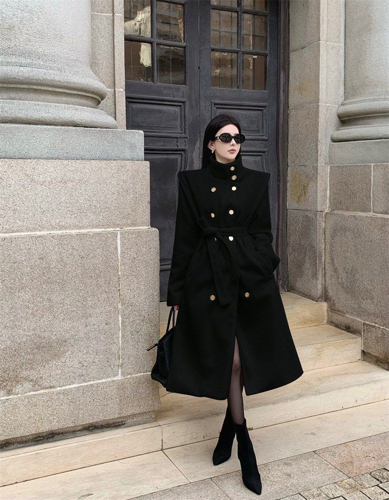 Button Down Long Coat in Black