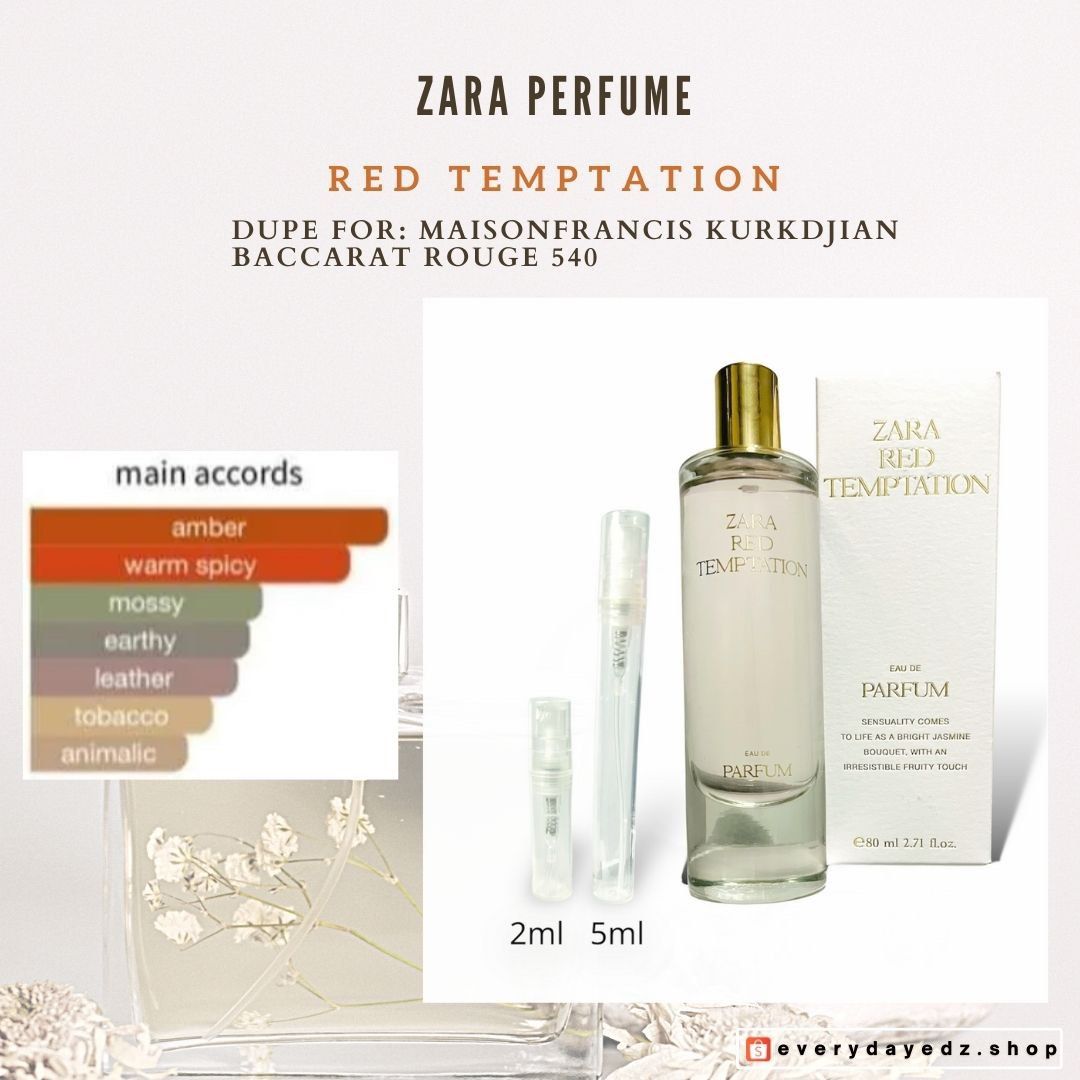 Decant/Takal) 2ml & 5ml - ZARA Perfume RED TEMPTATION EDP - dupe for MFK  Baccarat Rouge 540, Beauty & Personal Care, Fragrance & Deodorants on  Carousell