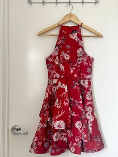 Dotti Red Floral Fit n Flare Dress with layered skirt