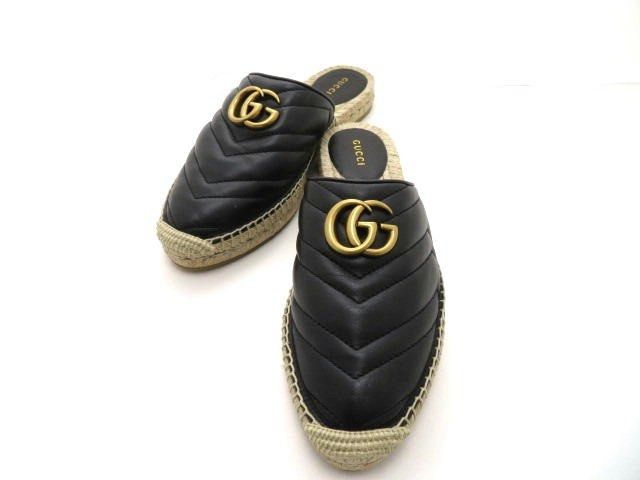 Gucci Sandals Espadrilles Ladies 38 Black Double G Leather 551881