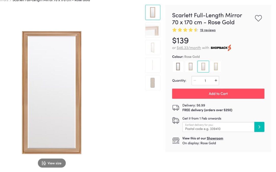 Hipvan Scarlett Full Length Mirror (Rose Gold), Furniture & Home Living