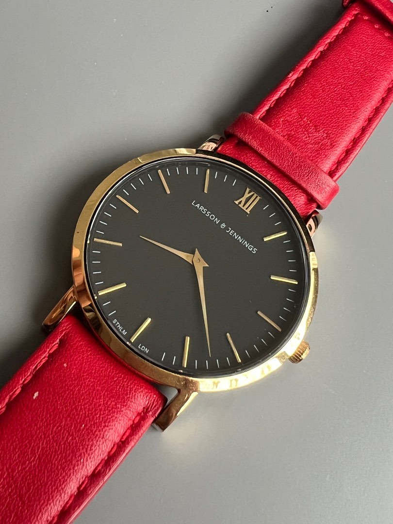 Larsson Jennings watch leather straps in red gold and black