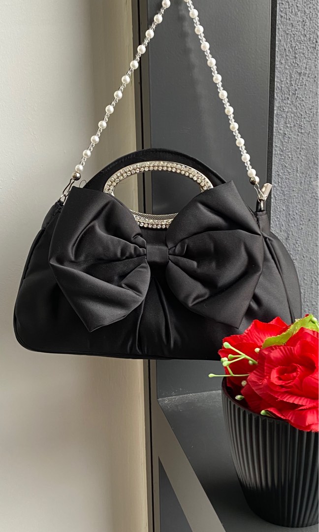 Black satin clutch bag with deals bow