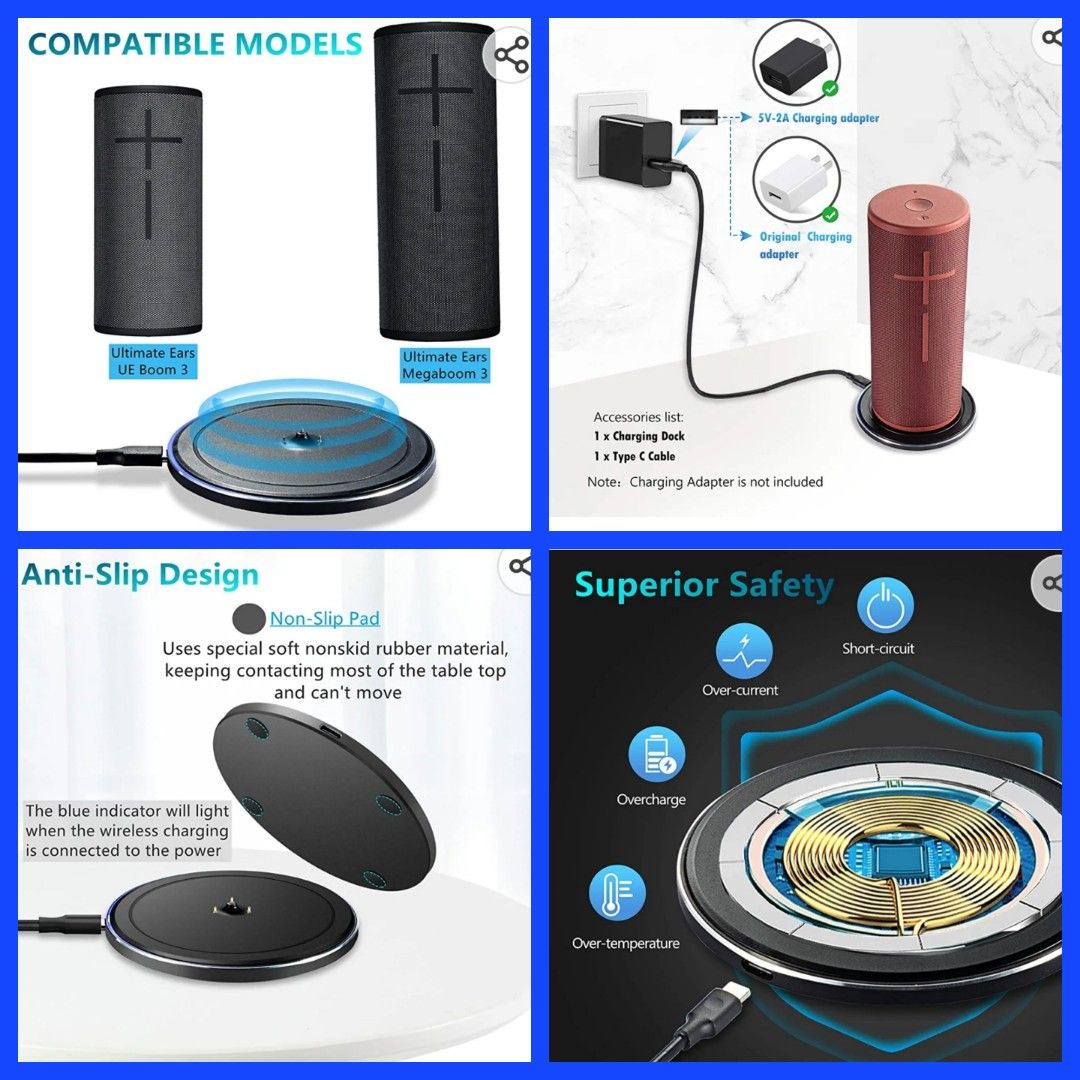 Power Up Charging Dock Compatible with Ultimate Ears UE Boom 3 Megaboom 3 Blast Megablast Portable Bluetooth Speaker Charging Pad Type C Cable