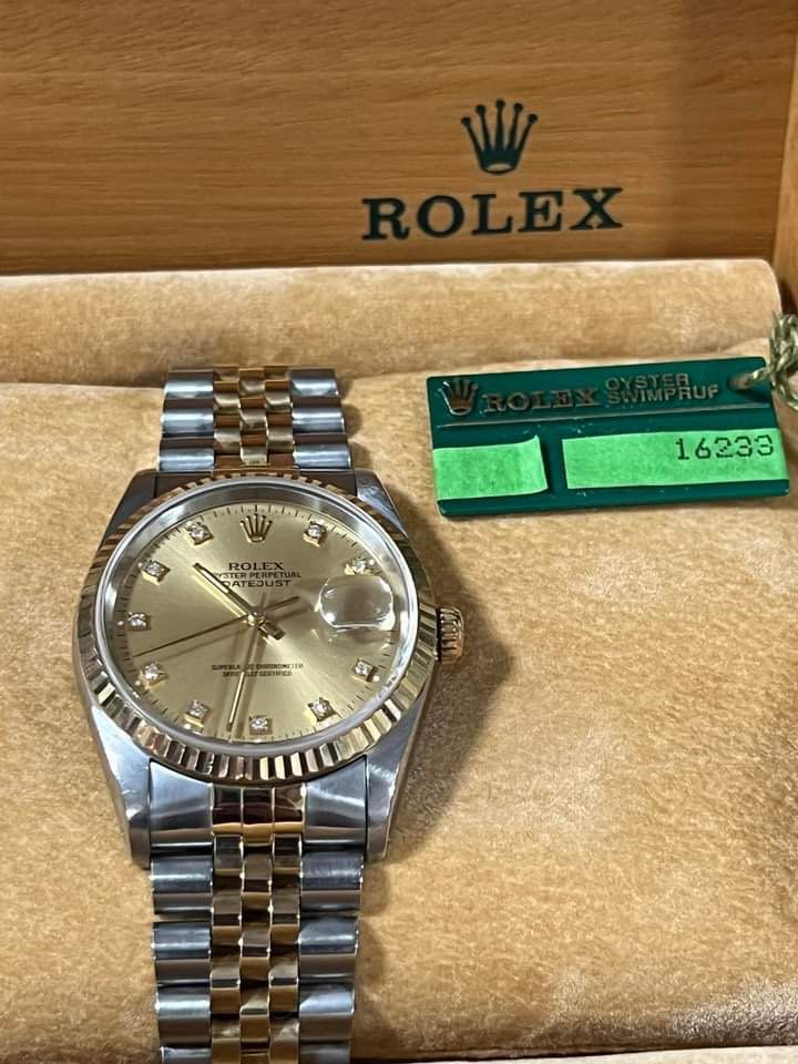 Rolex 1990 Datejust diamond dial two tone 36mm (Category: Luxury Watches) located in Pasig City. Submitted by Watchaholics (Listing ID 1211907613, Image 1). Description: Rolex 1990 Datejust diamond dial two tone 36mm -ref 16233 -36mm -two tone diamond dial -japan AD -9/10 condition -complete set For only 395k.