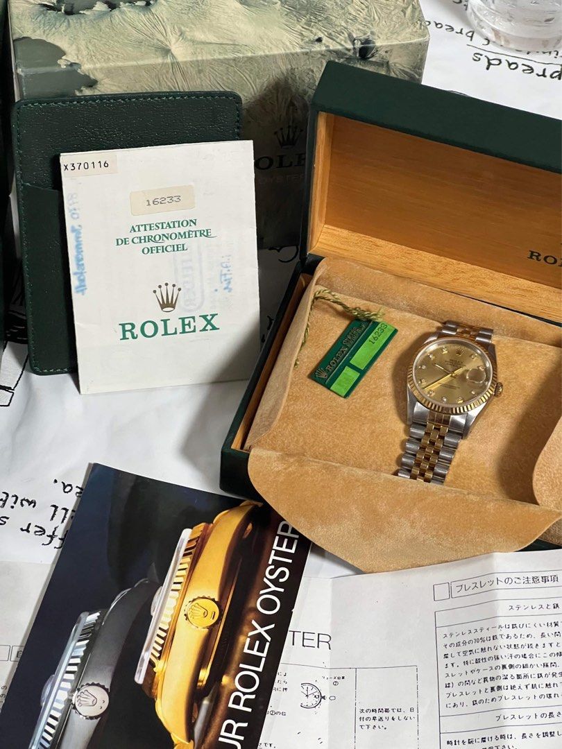 Rolex 1990 Datejust diamond dial two tone 36mm (Category: Luxury Watches) located in Pasig City. Submitted by Watchaholics (Listing ID 1211907613, Image 3). Description: Rolex 1990 Datejust diamond dial two tone 36mm -ref 16233 -36mm -two tone diamond dial -japan AD -9/10 condition -complete set For only 395k.