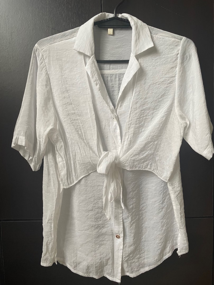 Tie front polo (white), Women's Fashion, Tops, Blouses on Carousell