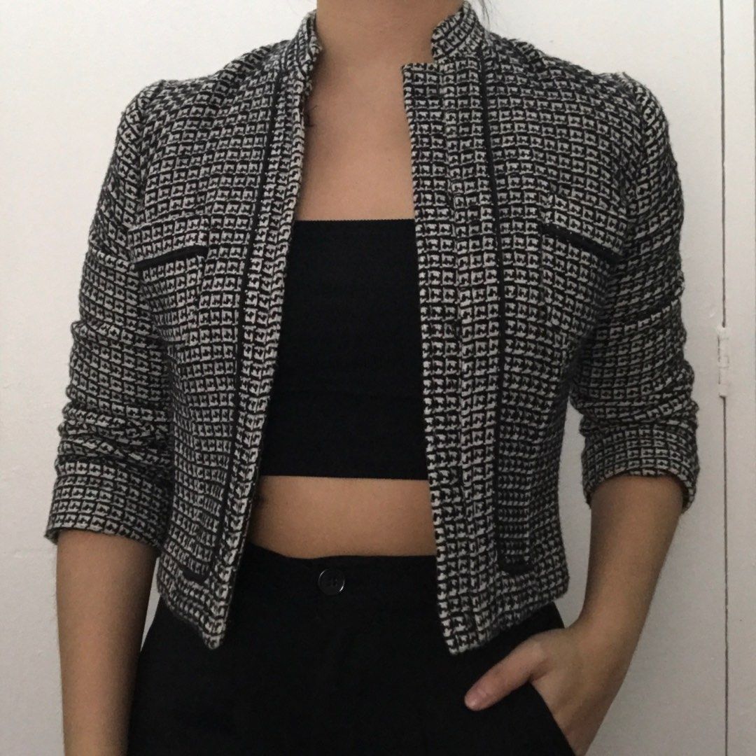 Tweed Blazer Jacket black and white, Women's Fashion, Coats, Jackets ...