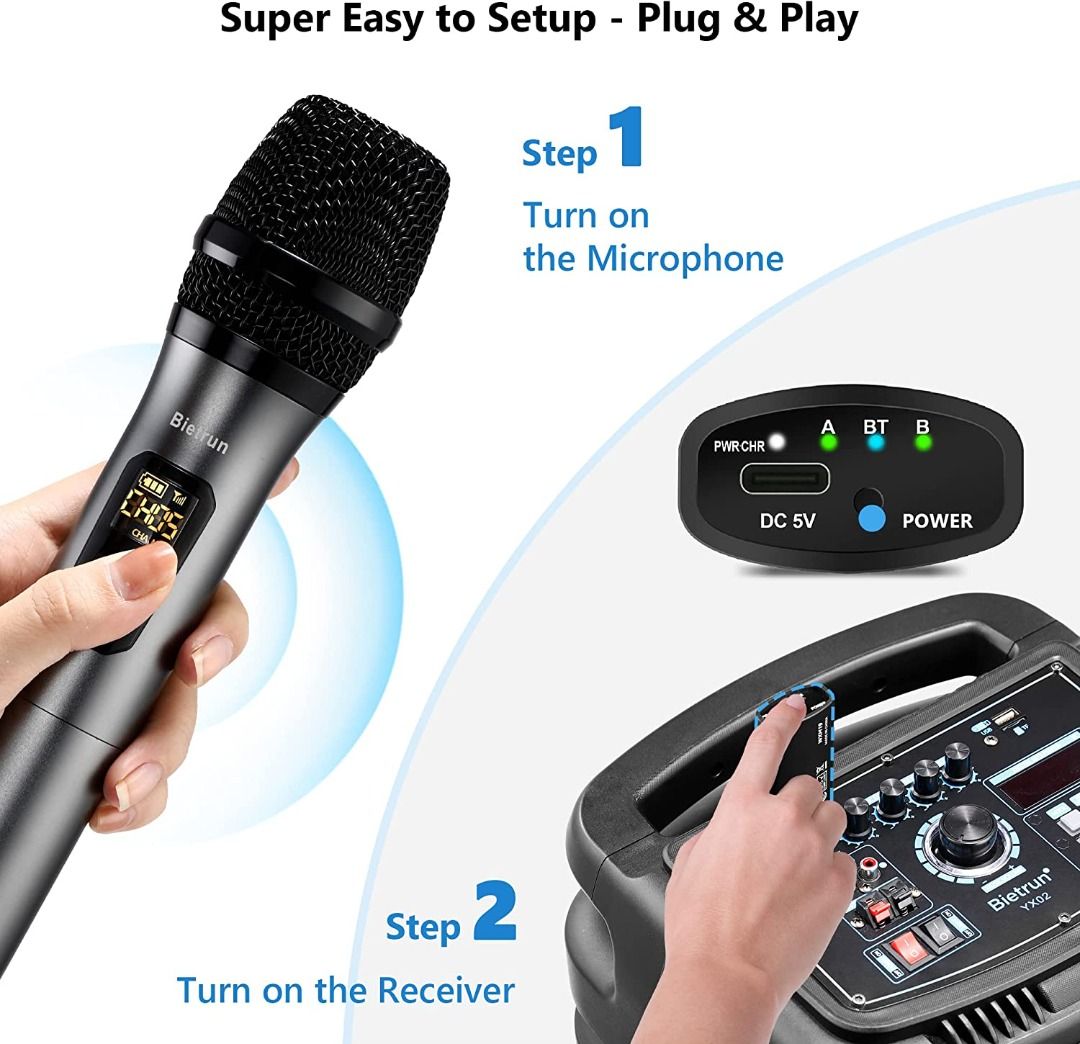 Wireless Microphone with Bluetooth, Professional UHF Dual Handheld Dynamic  Metal Mic System Set with Rechargeable Receiver, 160 ft Range, 1/4''Output