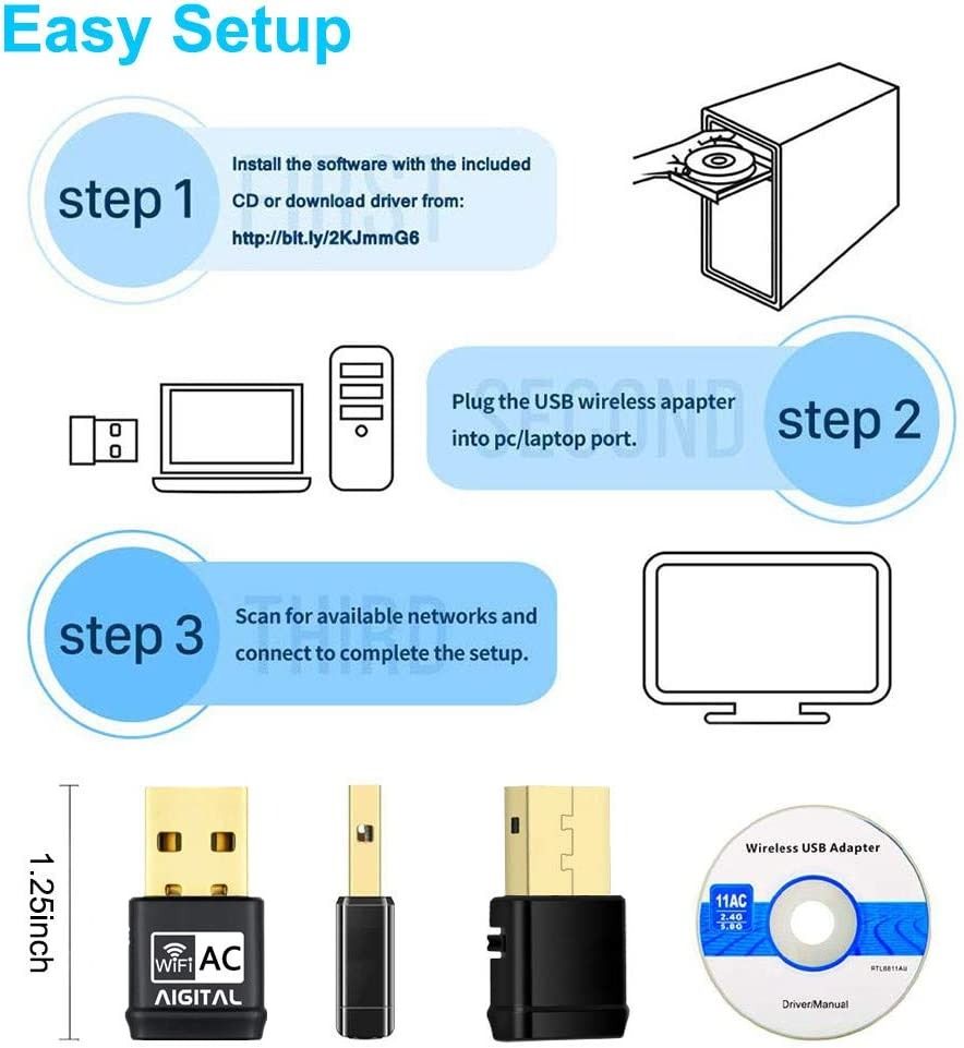 Aigital WiFi Adapter USB 600Mbps, Wifi Dongle 802.11ac Dual Band ...