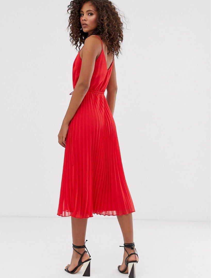 Pleated cami midi dress with drawstring waist clearance