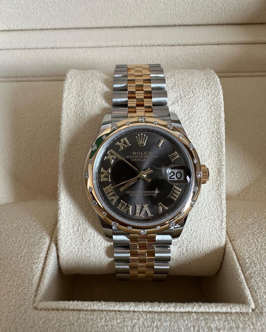 AUTHENTIC ROLEX DATEJUST 31MM GREY FACE ROMAIN DIAL TWO TONE JUBILEE w DIAMOND BEZEL