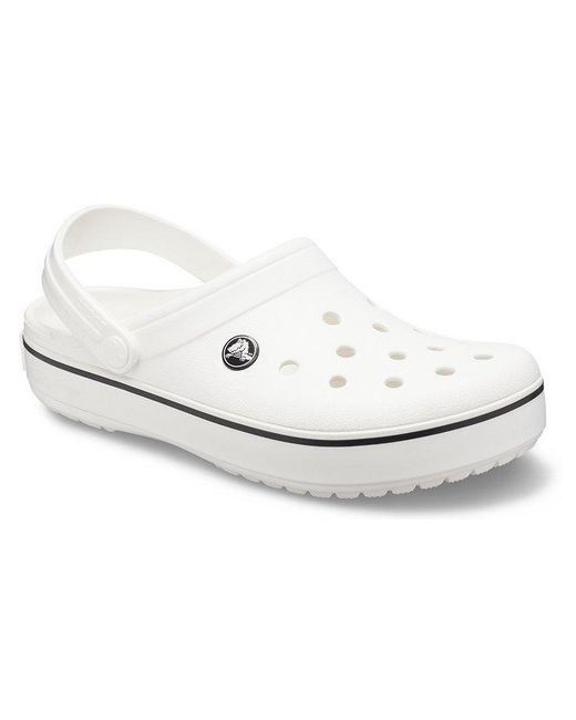 White crocs with black new arrivals stripe