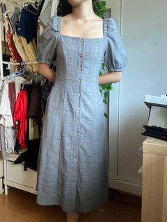 Blue checked puffy sleeve dress