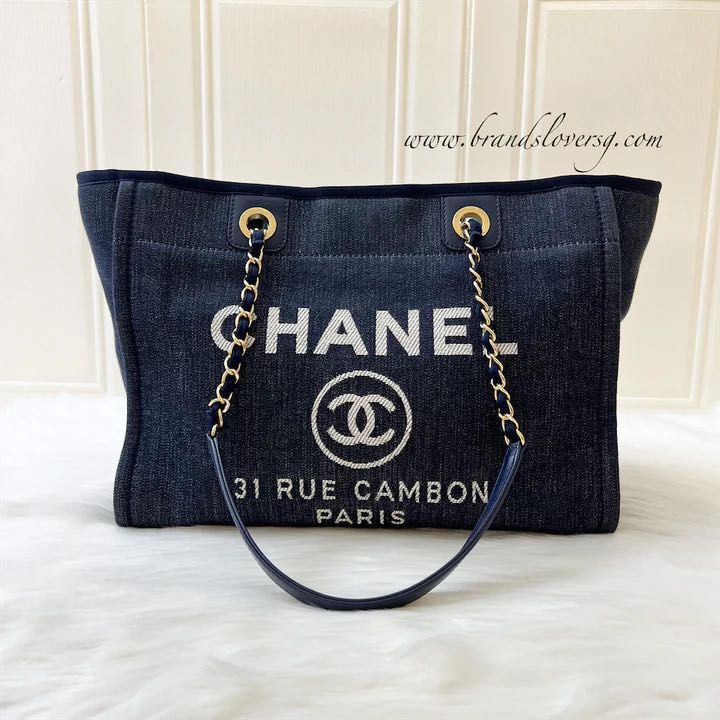 ✖️SOLD✖️ Chanel Small / Medium Deauville Shopping Tote in Dark Blue Denim  Fabric and LGHW, Luxury, Bags & Wallets on Carousell