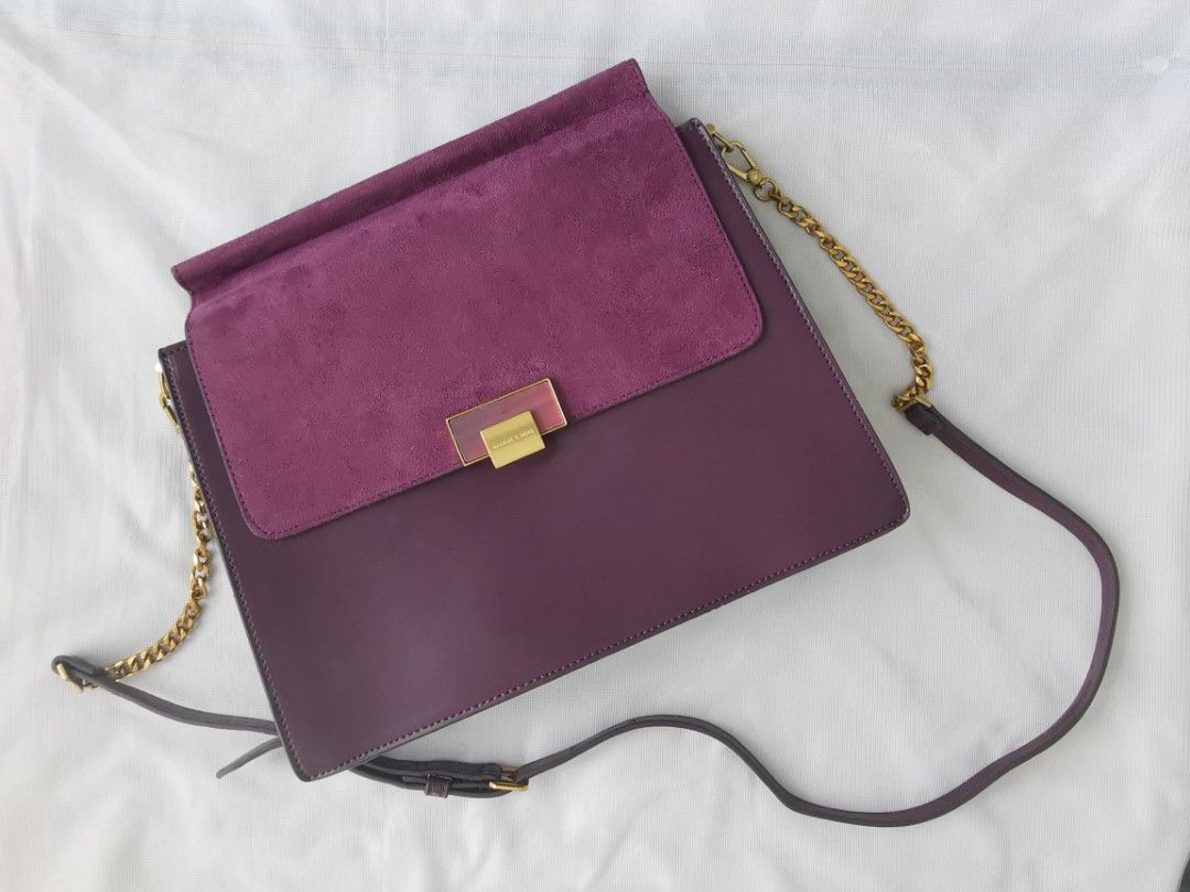 Charles Keith PU LEATHER Deep Purple Envelope Crossbody Bag with Gold Chain Strap