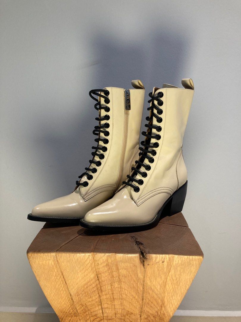 Chloe Leather Lace Up Boots in Ivory White Women s Fashion