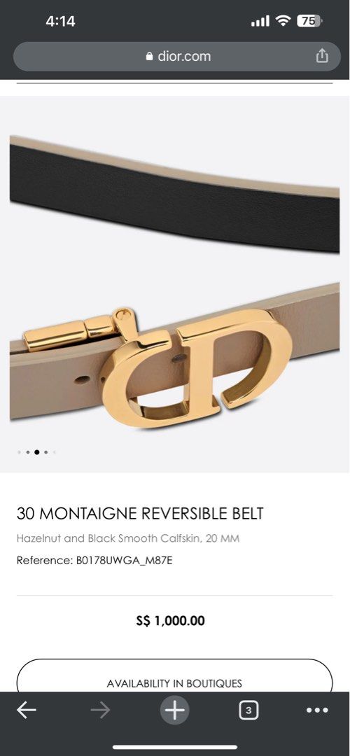30 Montaigne Reversible Belt Hazelnut and Black Smooth Calfskin
