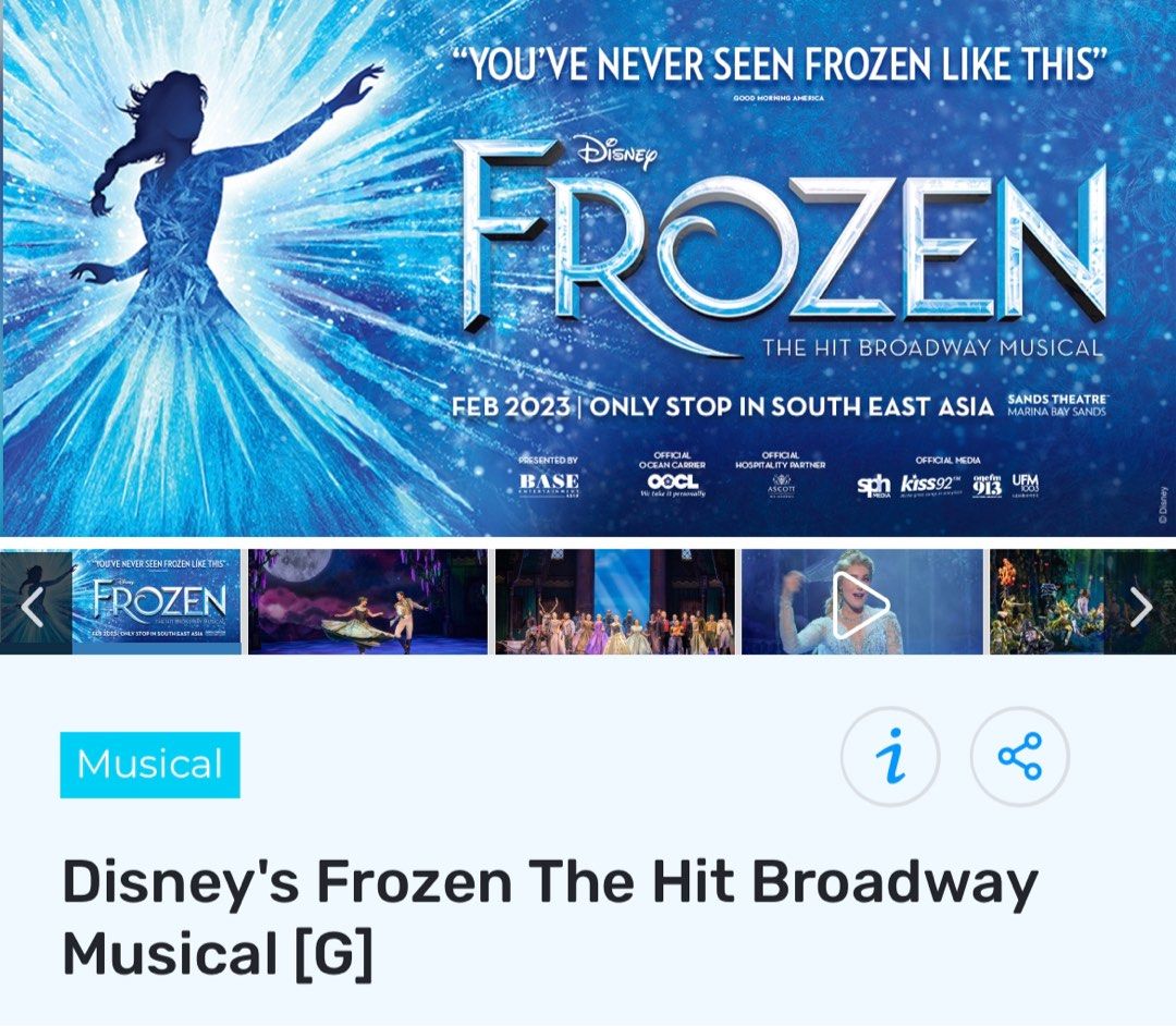 Frozen musical tickets x 4 for 4 March!!, Tickets & Vouchers, Event