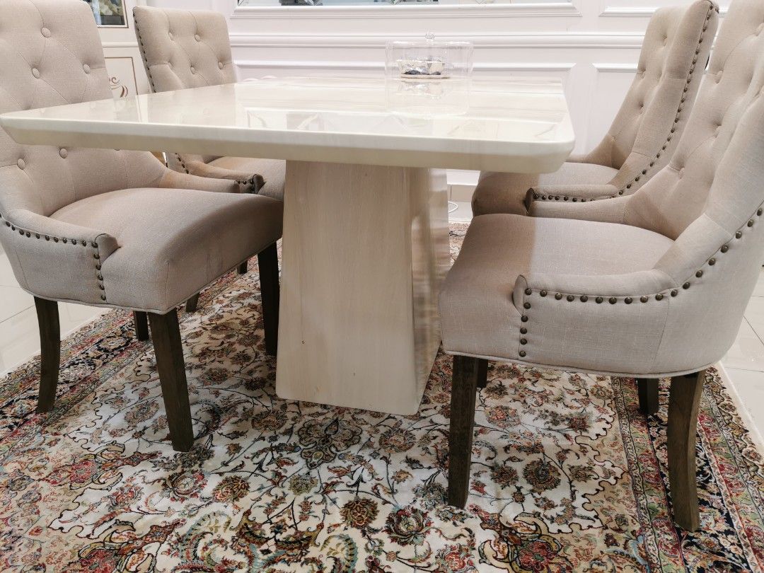 Full marble dining table + 4 SSF chairs, Furniture & Home Living ...