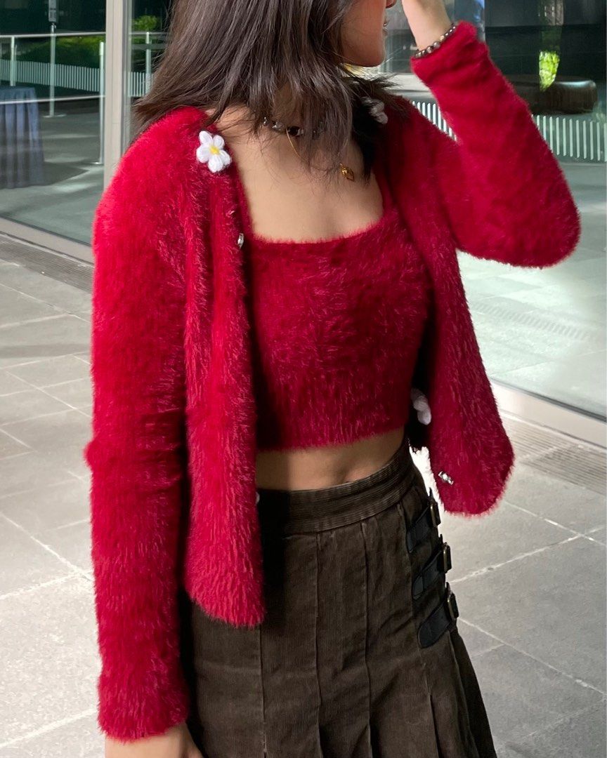 Furry cardigan with matching top (Category: Others Tops) located in Mandaluyong City. Submitted by ab___r (Listing ID 1212138815, Image 2). Description: Used only once. Cardigan comes with a cropped spaghetti top. Will fit S-M. .