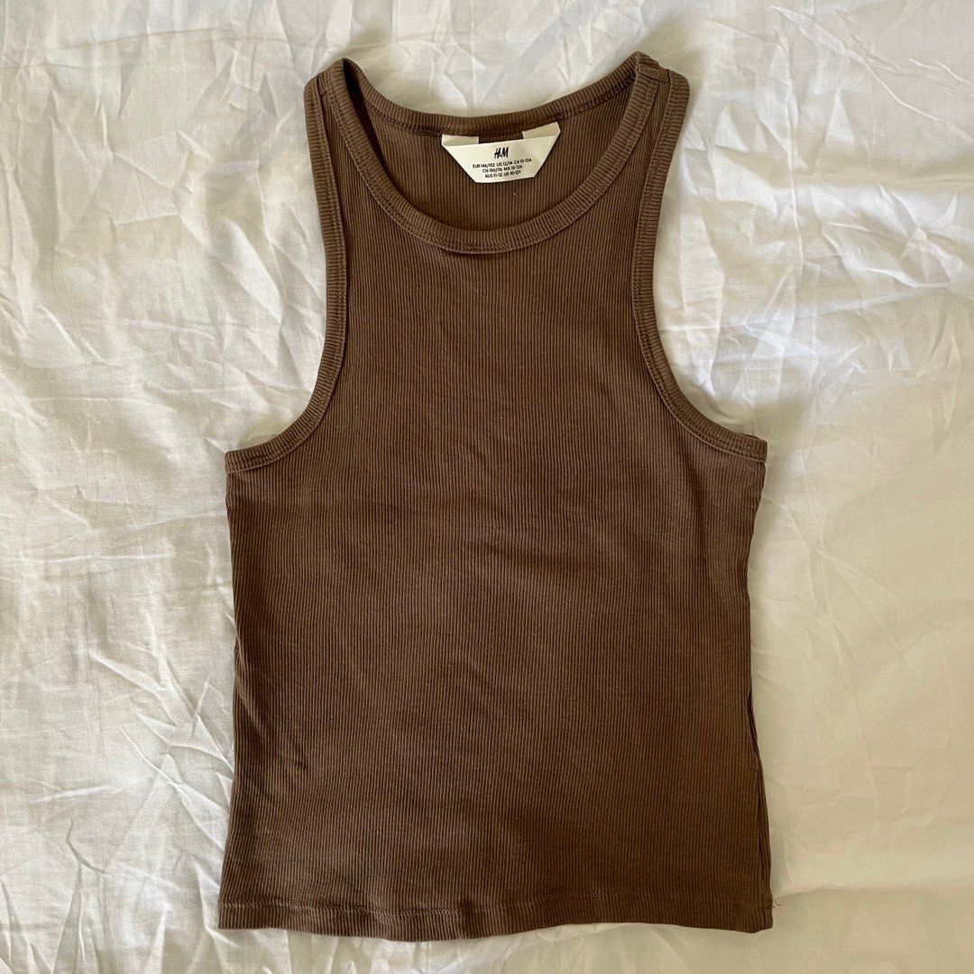 H&M Racerback Tank Top Ribbed (Brown) (Category: Sleeveless) located in Las Pinas. Submitted by 2011mgt (Listing ID 1212073355, Image 1). Description: - size S (fits S-M frames) - 10/10 condition ⭐️ used once only! - recently bought from H&M - ribbed & body flattering! .