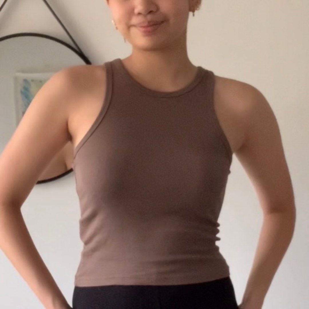 H&M Racerback Tank Top Ribbed (Brown) (Category: Sleeveless) located in Las Pinas. Submitted by 2011mgt (Listing ID 1212073355, Image 2). Description: - size S (fits S-M frames) - 10/10 condition ⭐️ used once only! - recently bought from H&M - ribbed & body flattering! .